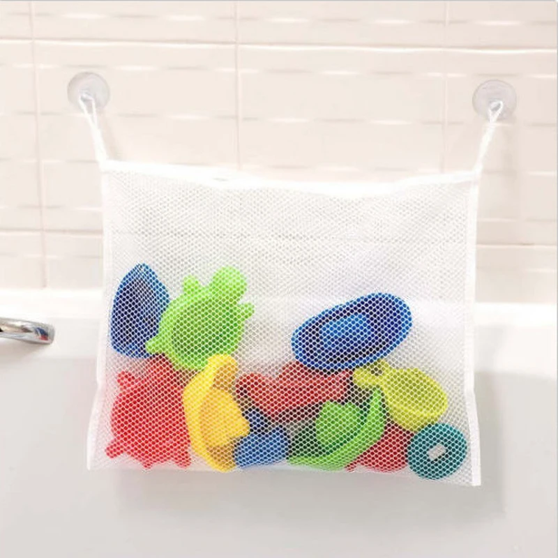 Bathroom Mesh Net Game Bag Drying Shower Products Clothes Storages Baby White Square Bath Toy Organizer with Strong Suction Cups