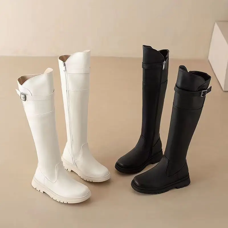 New High Boots Girl's Slim Buckle Knee Length Fashion Shoes Big Children's Flat Soft Knight  Boots Parent Child Boots26-39