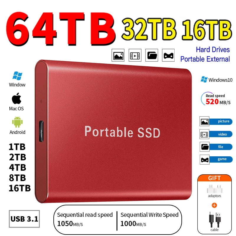 

External Hard Drive 1TB Portable SSD 16TB Hard Disk Storage High-Speed External Solid State Drive USB 3.1/Type-C for PC/Mac/PS
