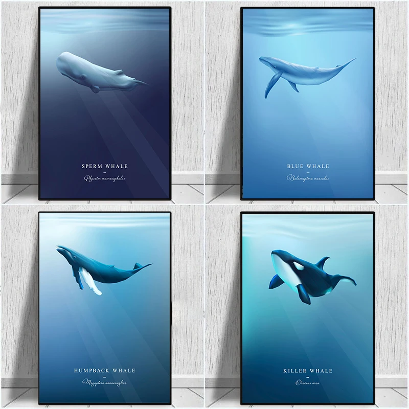Nordic Whale Poster Sperma Balena Balena Blu Gobba Balena Orca Beluga Balena Tela Pittura Stampe Murali Picture Room Home Decor