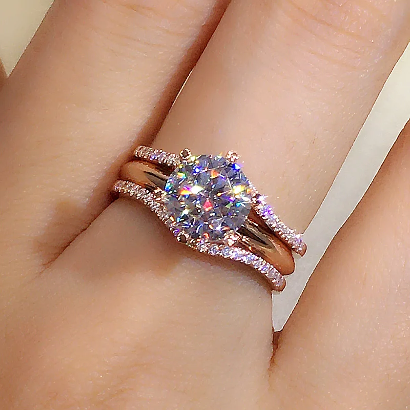 Huitan Luxury Rose Gold Color Cubic Zirconia Rings for Women Aesthetic Wedding Engagement Bands Accessories New Trendy Jewelry