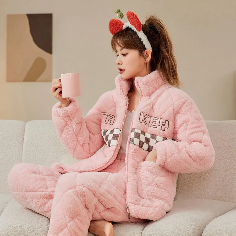 2024 New Women's Pajamas Winter Thickened Plush Zipper Sleepwear Warm Coral Velvet Three-layer Sandwich Cotton Homewear Set