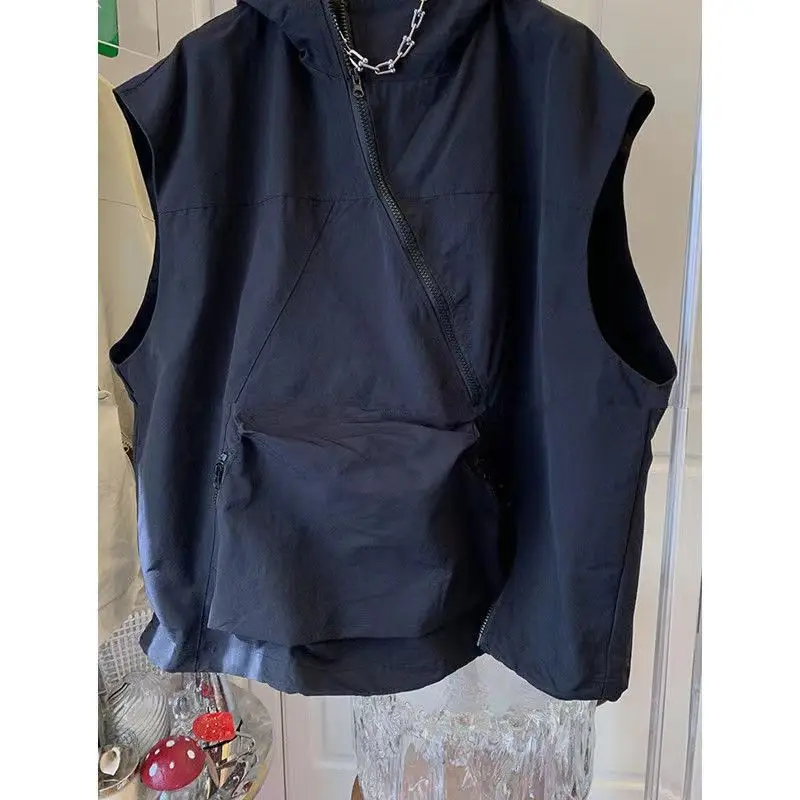 Deeptown Summer Sleeveless Windbreakers Jacket Women  Oversize Casual Streetwear Black Hooded Vest Korean Fashion Techwear Tops