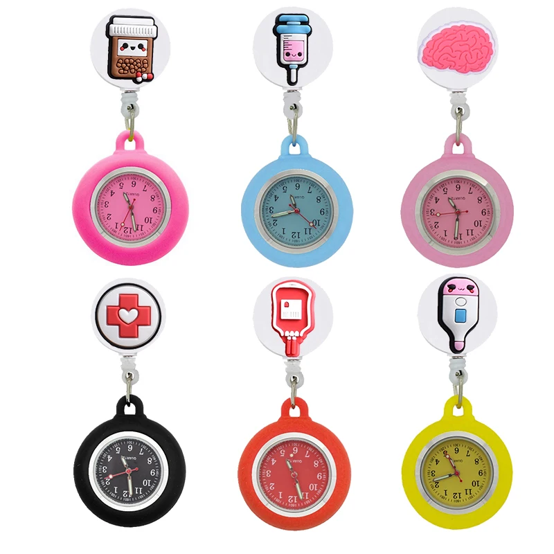 

YiJia 10pc Cartoon Medical Retractable Badge Reel Quartz Red Cross Nurse Pocket Watch with Silicone Case and Luminous Pointer