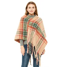 

CHENKIO Women's V-Neck Striped Plaid Knit Pullover Cape Poncho Sweater with Fringes