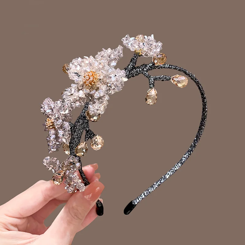 Exquisite Light Pink Crystal Flower Headband Korean Style Sweet Thin Hair Hoop Wedding Party Hair Accessories And Headwear Clip_voghion.com