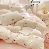 Ensemble de draps 3 pièces, housse de couette brodée avec nœud papillon rose, ensemble de literie confortable, couvre-lit pour toutes les saisons 3