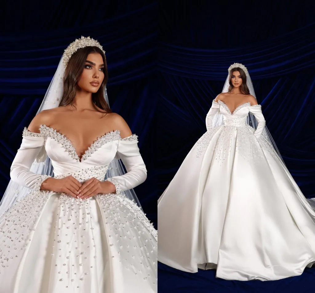 

Gorgeous Sweetheart Full Pearls Beads Ballgown Wedding Dresses Off the Shoulder Satin Long Sleeves Robes De Mariée Bridal Gowns