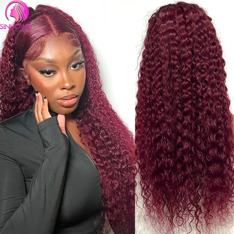 Water Wave 99J Burgundy 13x6 Human Hair Lace Frontal Wigs 200% Brazilian Human Hair Burgundy Wave Curly