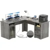 L Shaped Desk with Drawers, 60 Inch Corner Computer Desks with USB Charging Port and Power Outlet, Large 2 Person Home Office T 1