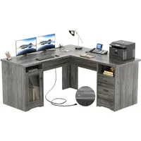 L Shaped Desk with Drawers, 60 Inch Corner Computer Desks with USB Charging Port and Power Outlet, Large 2 Person Home Office T 1