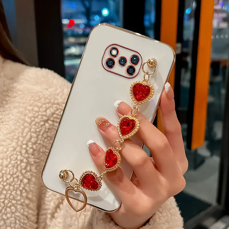 For POCO X3 Luxury Flash Rhinestone Bracelet Case For Xiaomi POCO X3 X4 Pro 5G NFC M3 C40 Cover Silicone Chain Case POCOX3 Women phone case