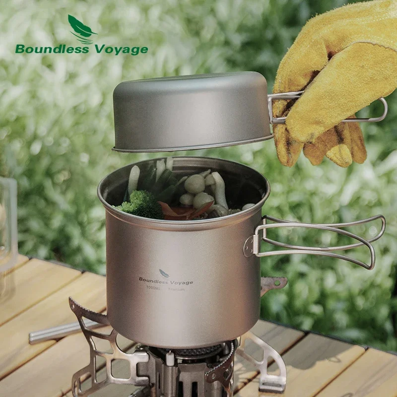 Boundless Voyage Ultralight Titanium Camping Cookware Set Outdoor Cooking Pot Bowl Backpack Picnic Tableware with Folding Handle for camping cookware, camping cookware set