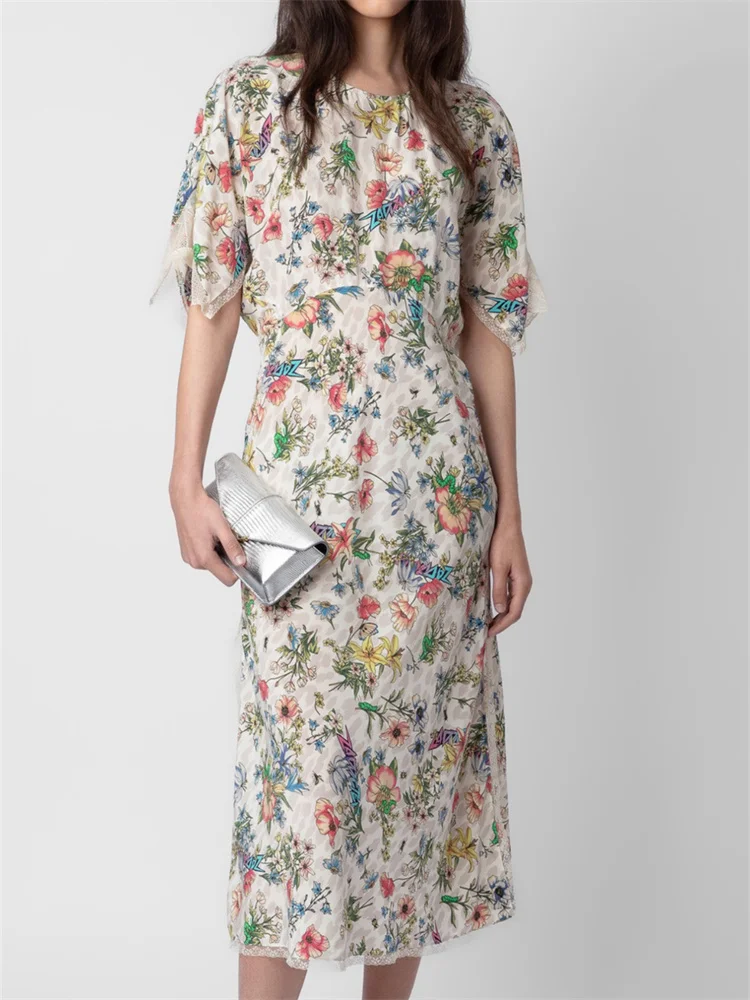 

Spring Summer Women's Floral Print Silk Mifi Dress Short Sleeve Lace Trim Stitching Slit Sweet Elegant Robes for Ladies