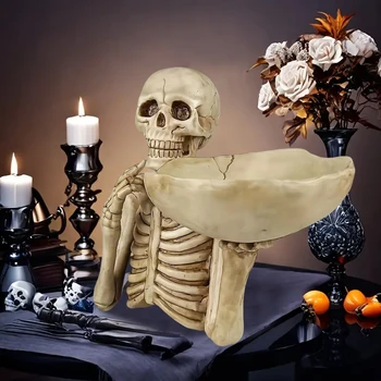 Halloween Skull Decoration Candy Bowl Key Tray Vintage Skeleton Table Decorative Ornament for Home Party Halloween Storage Decor