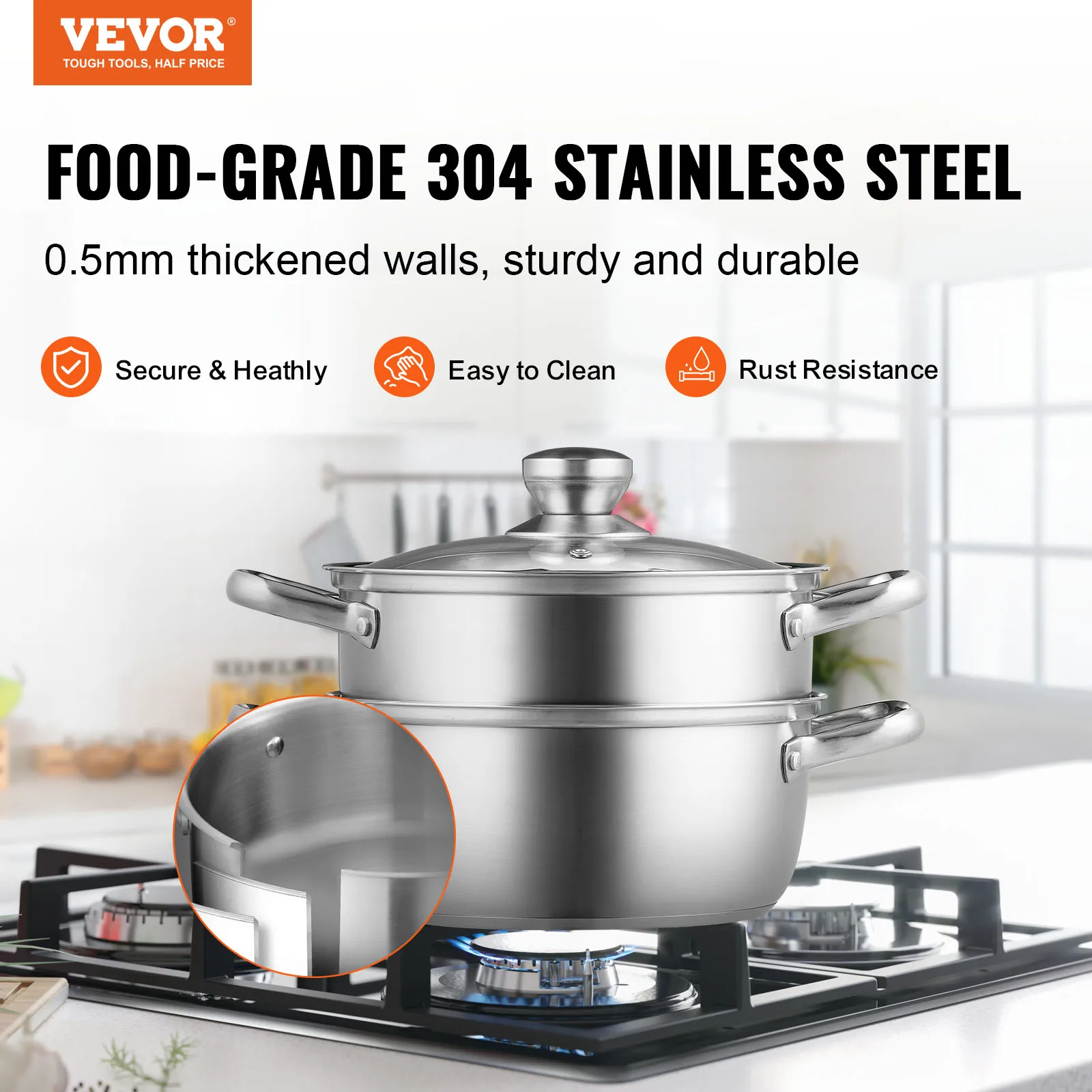 VEVOR Steamer Pot 9.5in/24cm Steamer Pot for Cooking with 5QT Stock and Food-Grade 304 Stainless Steel Food
