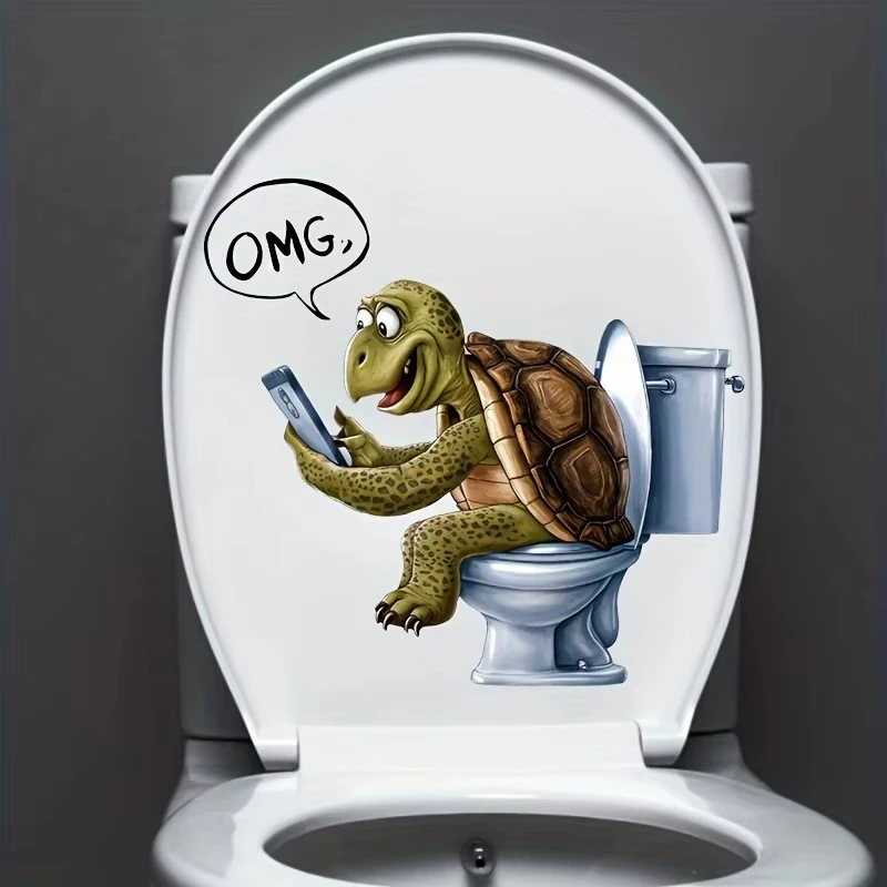 H61Funny Sea Turtle Playing Phone Toilet Sticker Bathroom Toilet Cover Sticker Wall Stickers Animal BathRoom Decoration