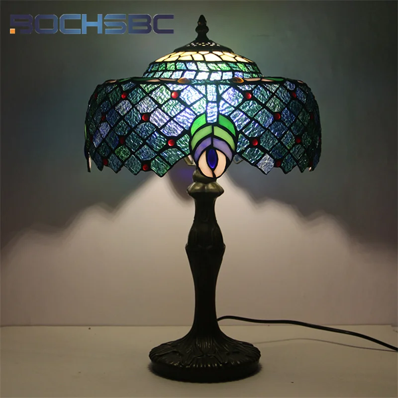 

BOCHSBC Tiffany Style Stained glass Peacock Creative Desk lamp DecorLiving Room Bedroom eye protection light LED night light