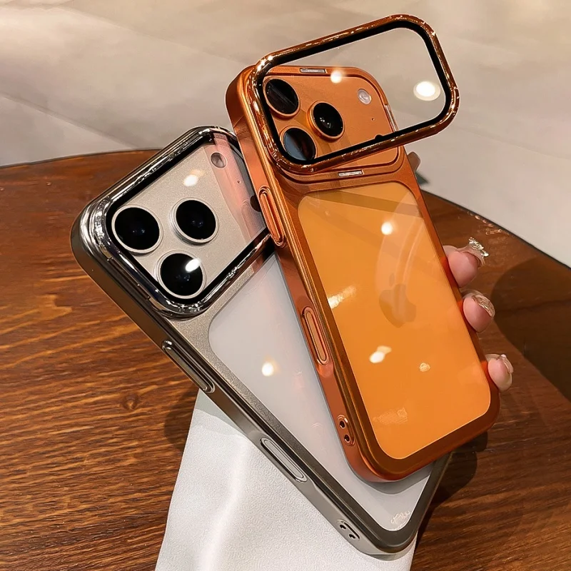 Klare Handyhülle für iPhone 13, 14, 15, 16, 17, Pro Max, Klappobjektiv, Ständer, Halterung, stoßfeste Beschichtung, Stoßstangenschutzabdeckung – Detail 1