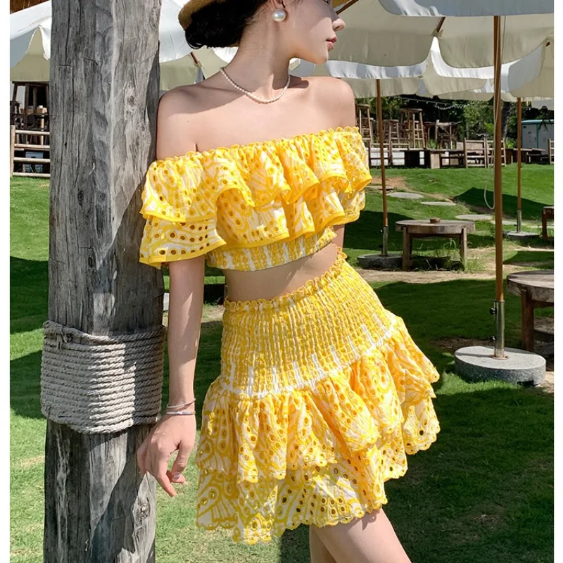 

Yellow Flora Embroidery Tops + Skirts Women Slash Neck Summer Vacation Two Piece Sets Ladies Runway Design Party Clothing