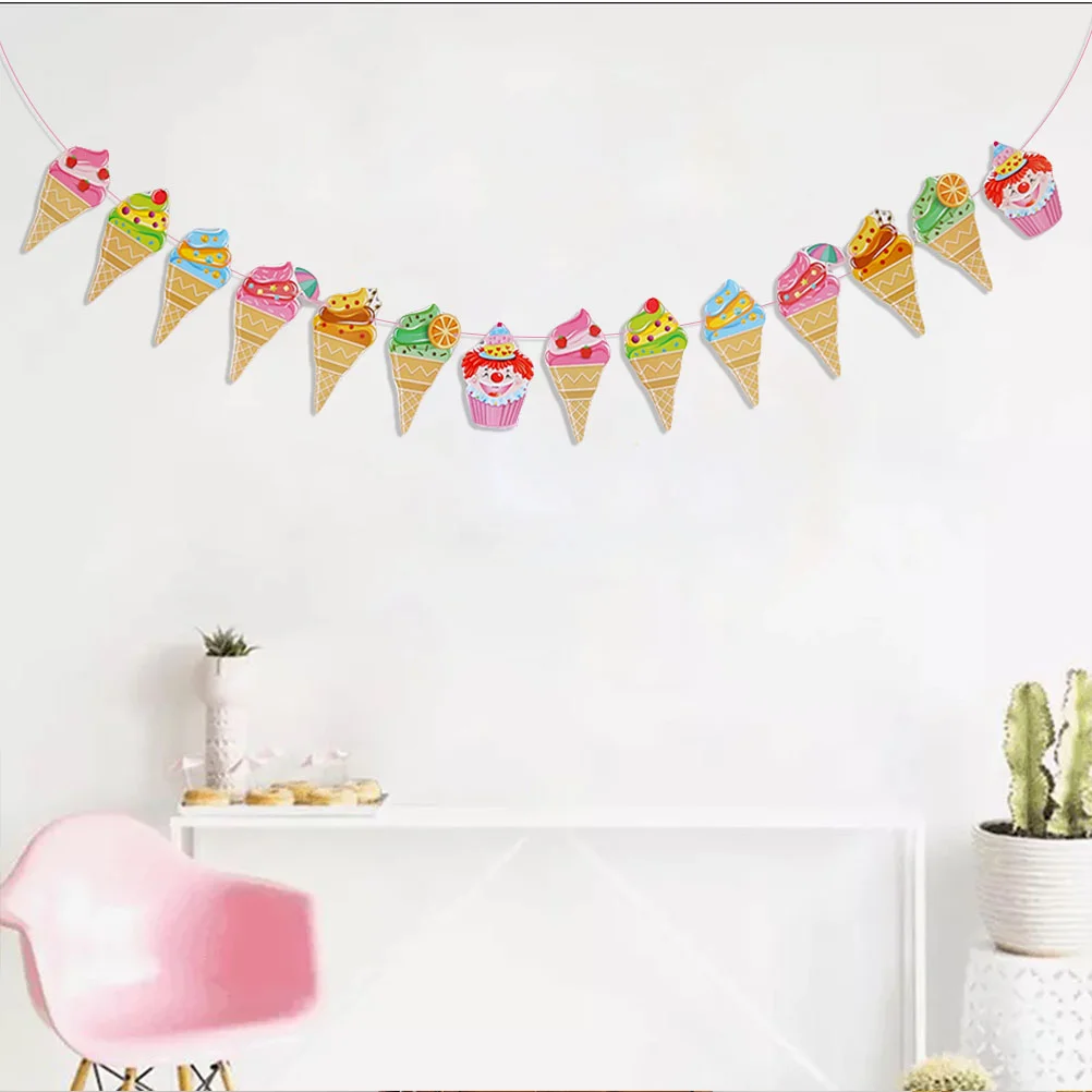 Ice Cream Shape Pull Flag Colorful Paper Banners Summer Theme Garland Party Bunting Drinks