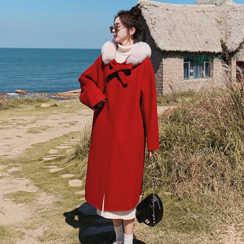 2023 Winter New Women Fashion Casual Woolen Coat Female Long Below The Knees Solid Color Fur Collar Hooded Thick Warm Outwear