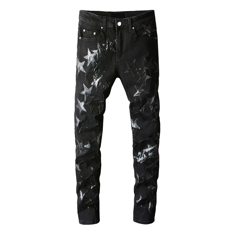 

Best Sellers Men's Distressed Streetwear Black Denim Pants Leather Stars Patchwork Moustache Holes Ripped Jeans Pants