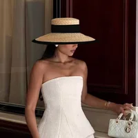 Summer straw hat black edging French elegant ladies seaside travel sun hat Hepburn style wide brim straw hat  кепка женская