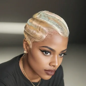 613 Blonde Pixie Cut Wig Short Finger Wave Human Hair Full Machine Made for Women Natural-Looking