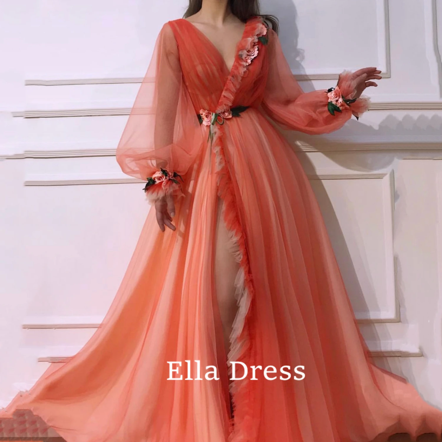 

Шифоновое платье Ella без хвоста, платье для выпускного вечера с 3D цветочной аппликацией, вечернее платье-трапеция до пола с длинными рукавами и вырезом, новое платье для торжества