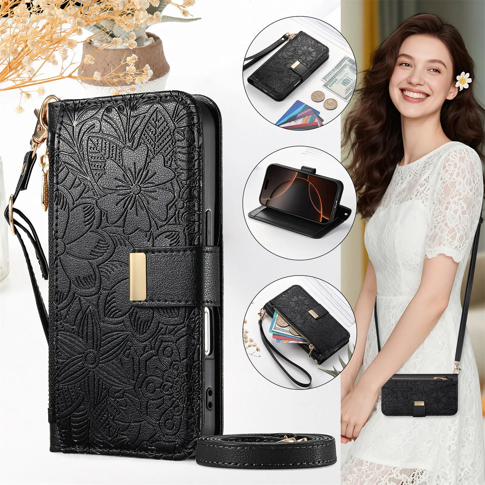 Petal Flower Leather Flip Cover Crossbody Zipper Wallet Case - Multi 6 Cards Capacity