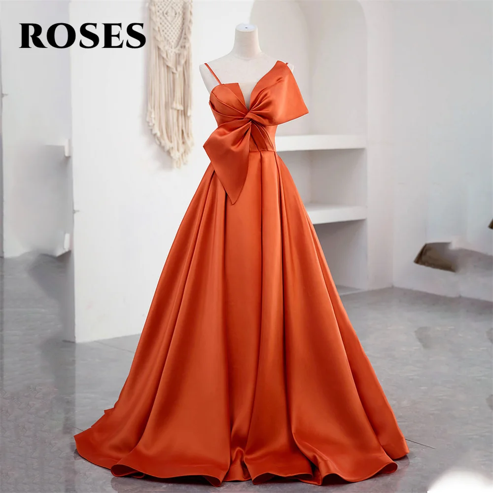 

ROSES Spaghetti Straps Orange Prom Dress Satin Party Dresses A-Line Celebrity Gowns Floor Length Party Dress вечерние платья