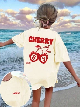 Cherry and Number 8 Letter Print Round Neck T-shirt Girls Summer Casual Match Breathable Short-sleeved Top Aesthetic Clothes 1
