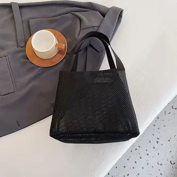 Borsa da spiaggia riutilizzabile in rete casual Borsa da trucco portatile per toilette di grande capacità Borsa da spiaggia con cerniera cosmetica in tinta unita