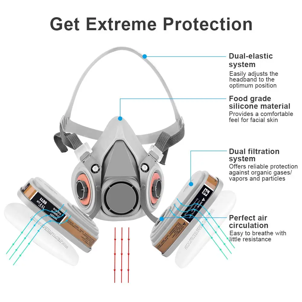 Masque de protection 26 en 1 avec filtres interchangeables porté par un soudeur, idéal peinture et soudure.