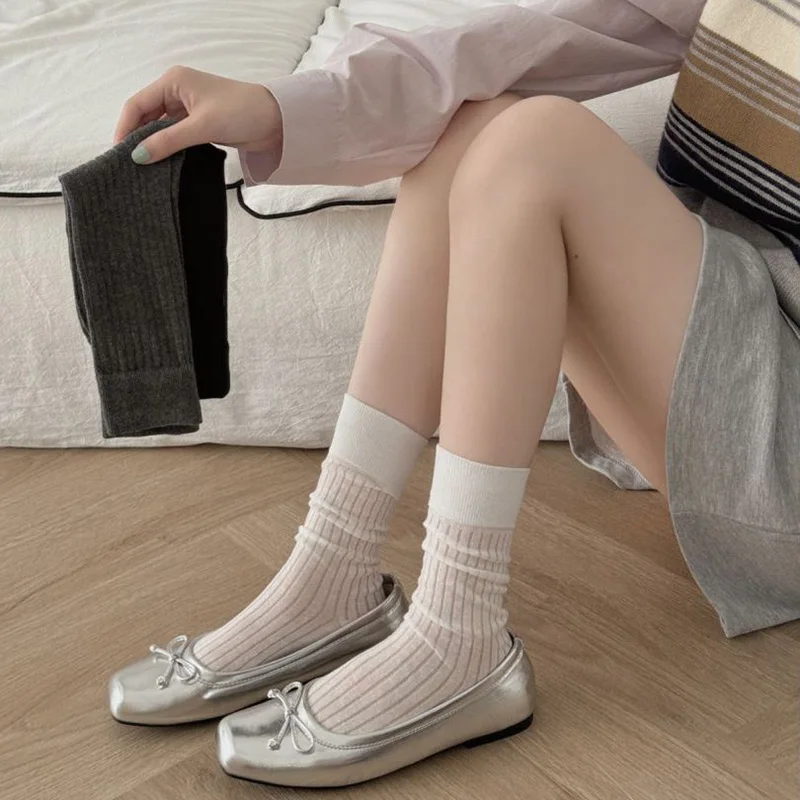 

3 Pairs Korean Fashion Women Socks Summer Thin Mesh Harajuku Crew Socks JK Japanese Style Solid Color Girls Loose Long Socks