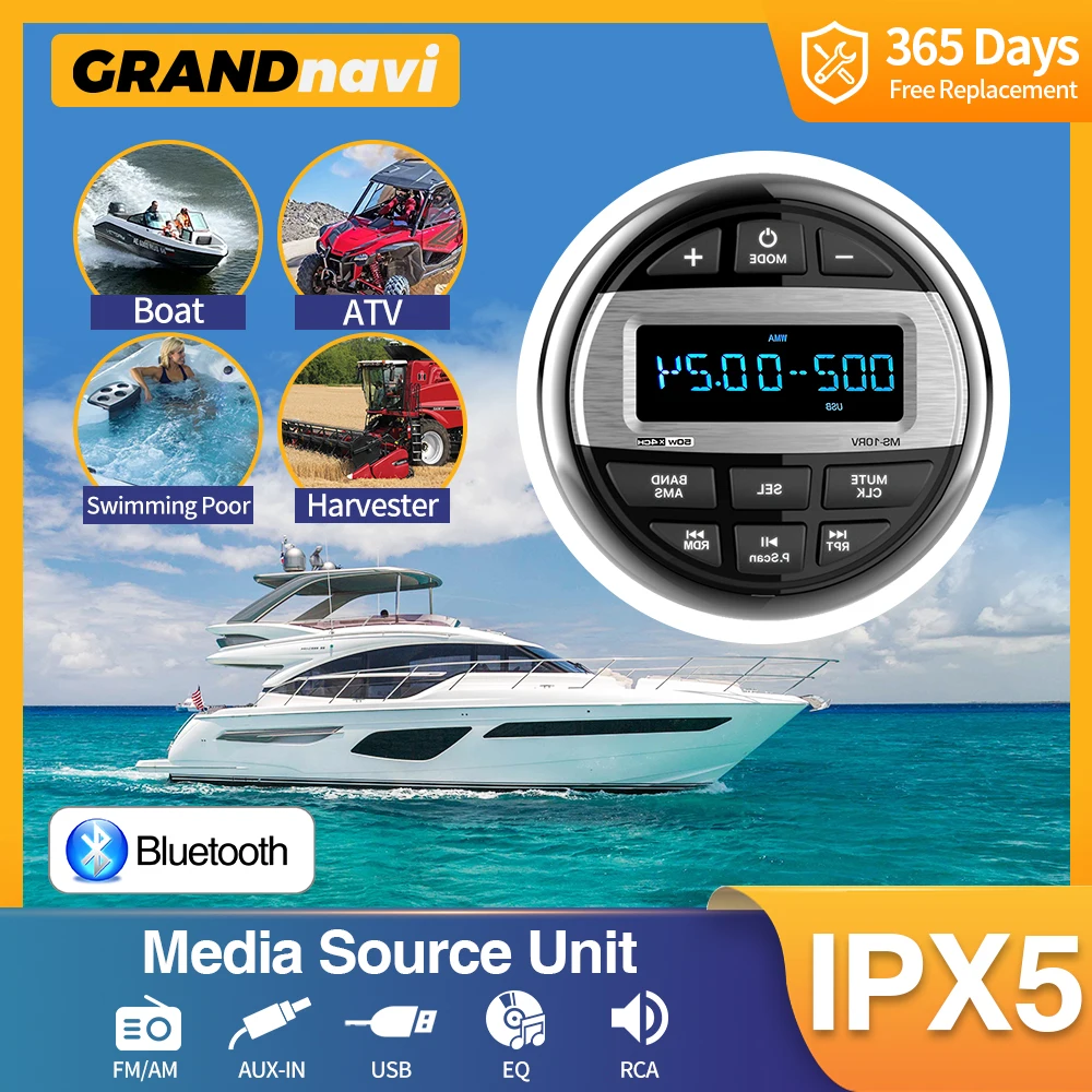 Grandnavi Bluetooth Marine Stereo Boat Radio Impermeabile Fm Am Digital Media Audio Player Per Yacht Gauge Atv Utv Cart Moto