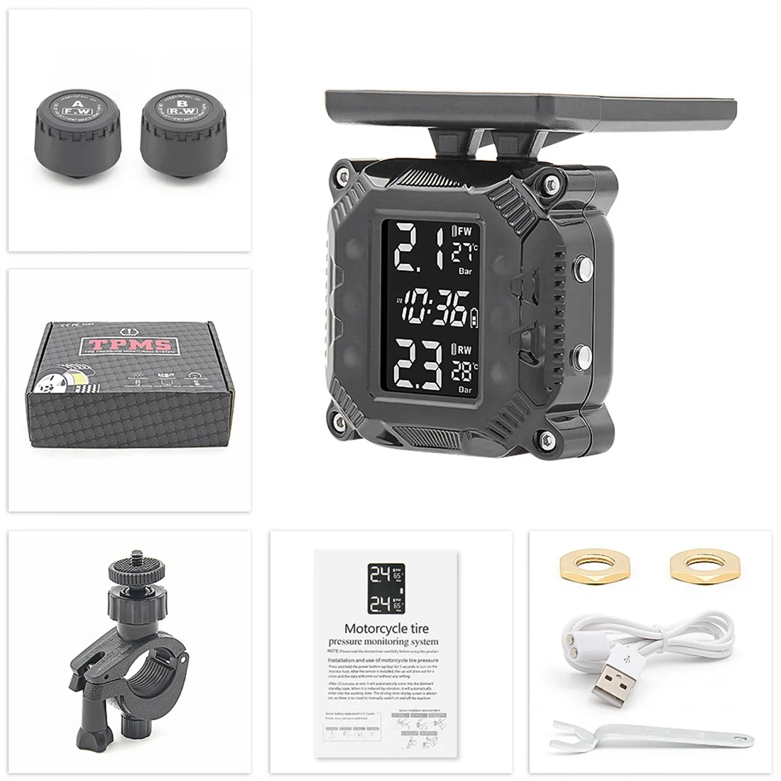 오토바이 TPMS 모터 타이어 압력, 태양열 충전, 타이어 온도 모니터링 경보 시스템, 외부 센서 포함