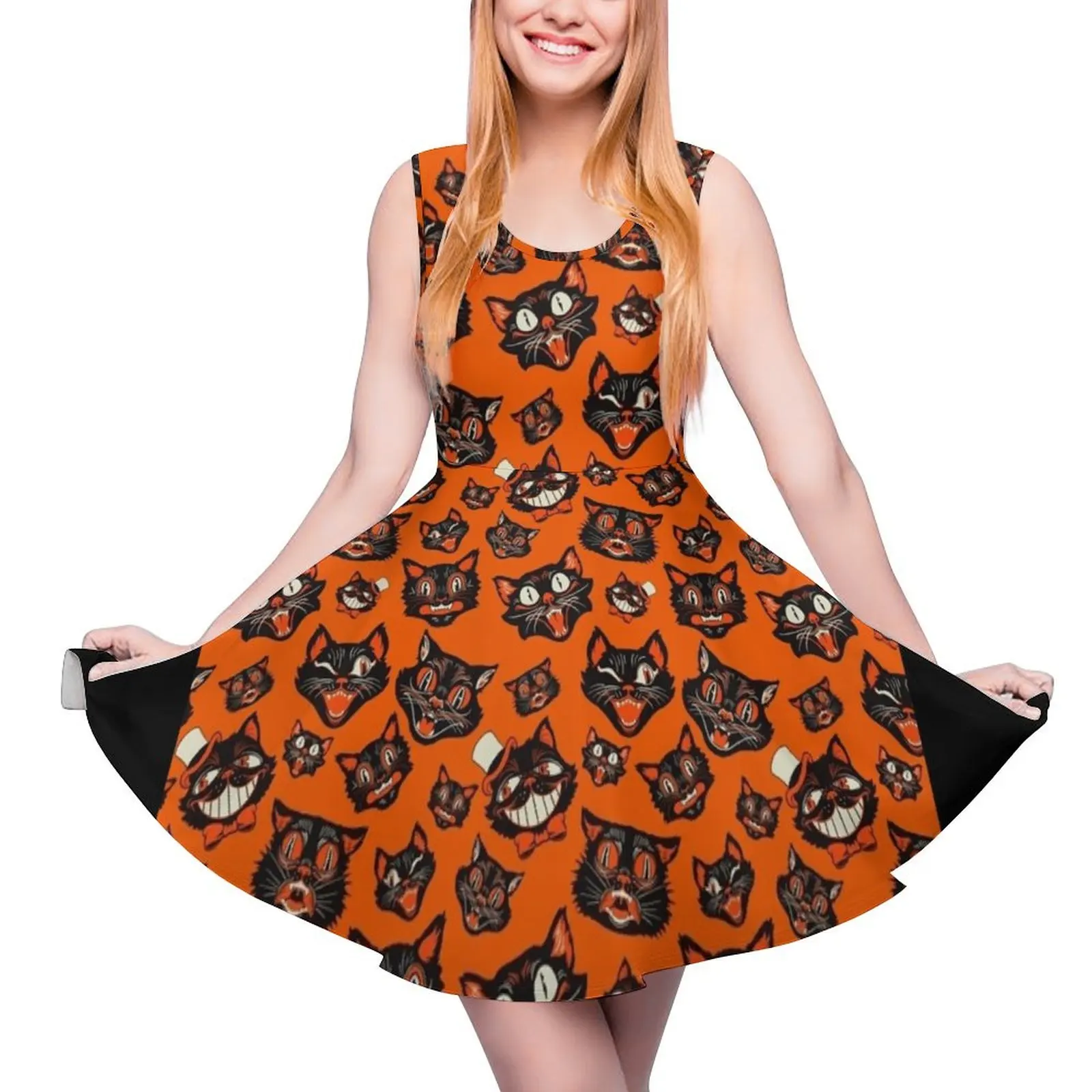 

Retro Vintage Halloween Black Cat Faces Pattern - Orange Background Round Neck Dress women dress