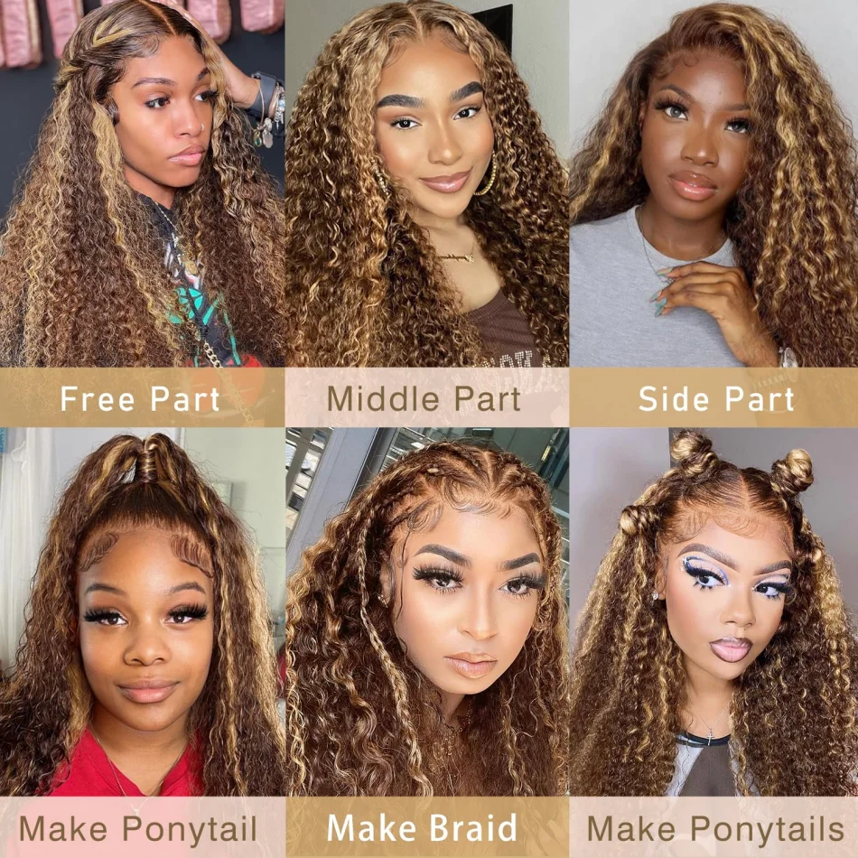 Deep Wave Highlight 13X6 Lace Frontal Wig Human Hair Pre Plucked Brazilian Wig Curly 360 Full Lace Wig Honey Blonde 250 Density