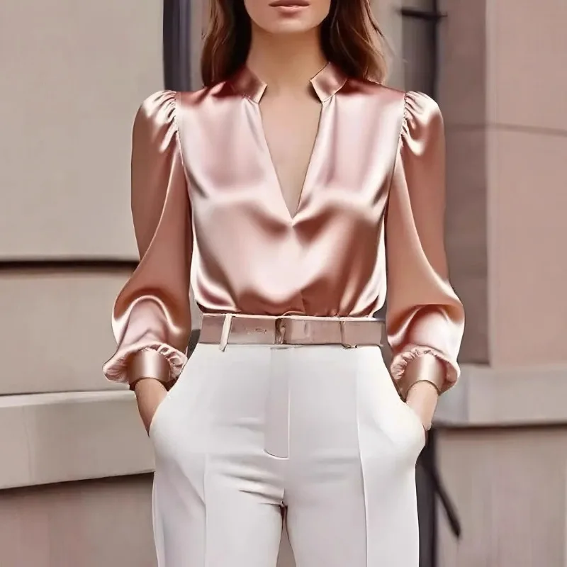 Fashion New Y2k Women's Deep V-neck Long-sleeved Pullover Shirt Solid Color Elegant Commuter Office Casual Satin Blouse Top