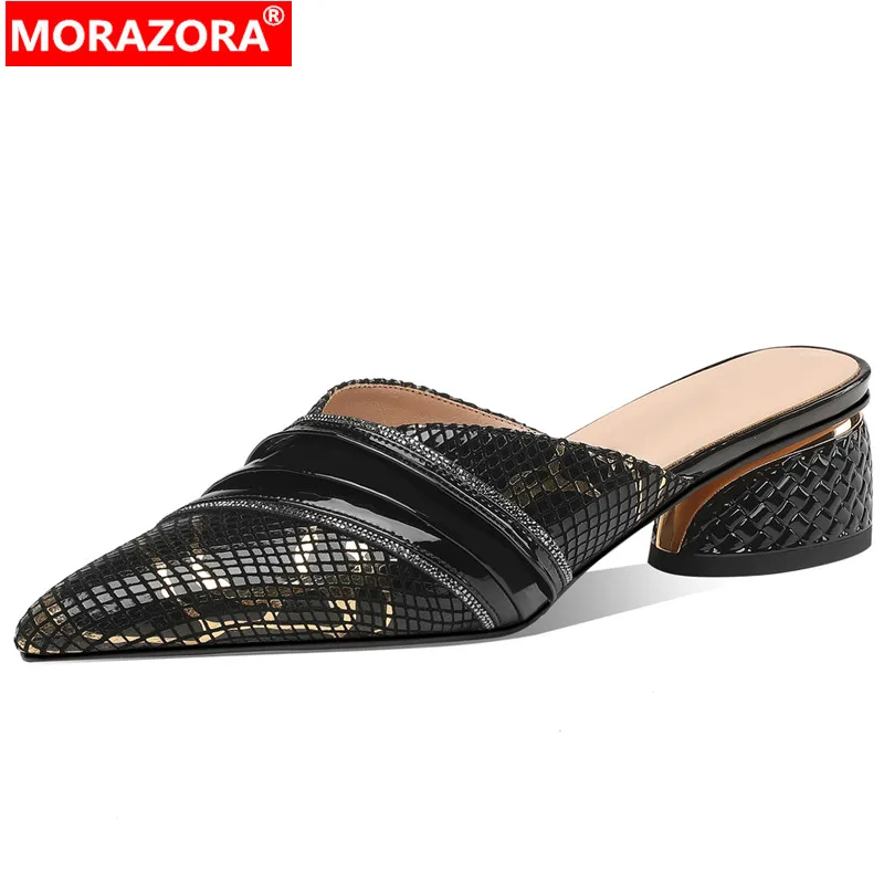 

MORAZORA 2024 New Mules Genuine Leather Women Slippers Black Round Med Heels Slippers Ladies Summer Dress Shoes