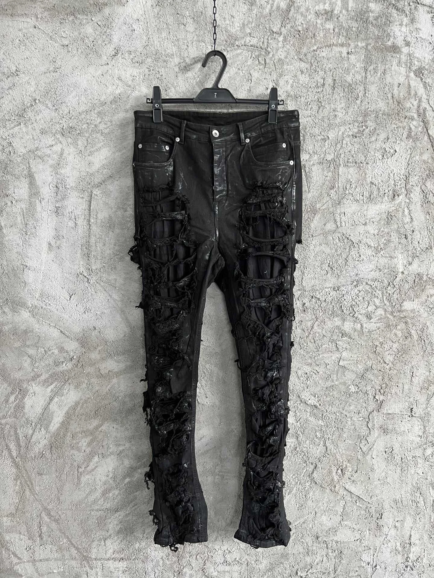 

Waxed ripped trousers high-elastic denim fabric later hand-damaged to make old casual fashion 2023 autumn new style 0318