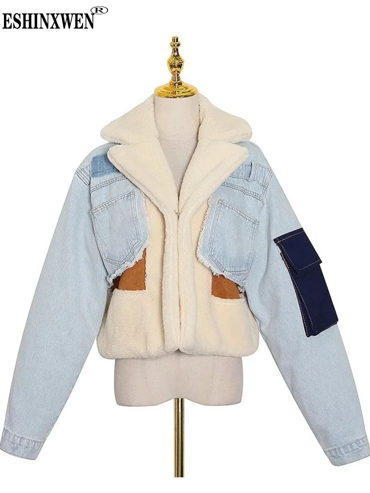 

Eshin Patchowrk Lambswool Denim Jacket For Women Lapel Long Sleeve Tassel Casual Coat Female 2023 Winter Fashion New TH6073