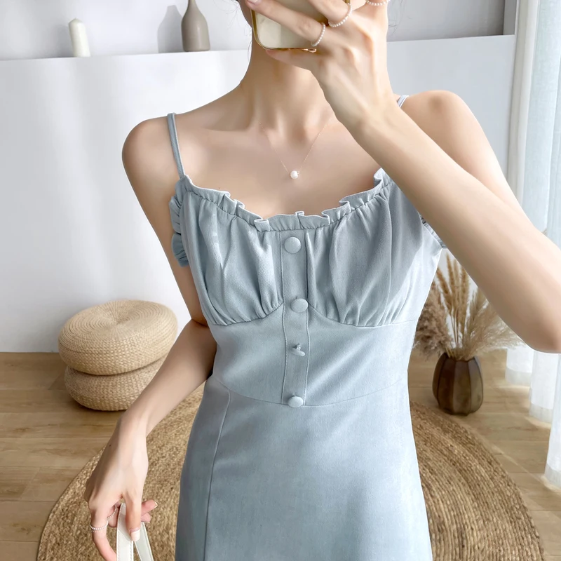 

French Elegant Pleated Spaghetti Strap Dress Women Summer New Korean Fashion Slit Sleeveless Long Dresses Female 2022