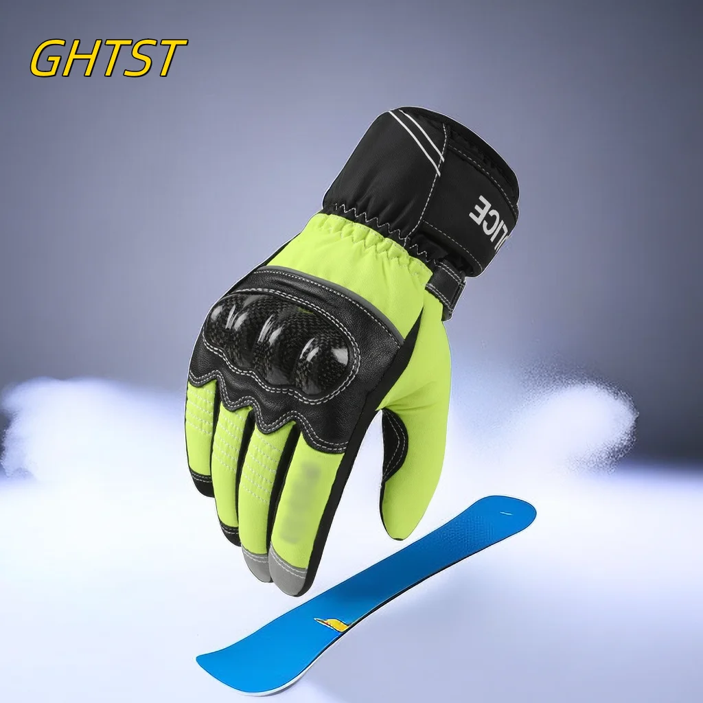 Ski Gloves Leather Carbon Fibre Waterproof Full Finger Warm Fleece