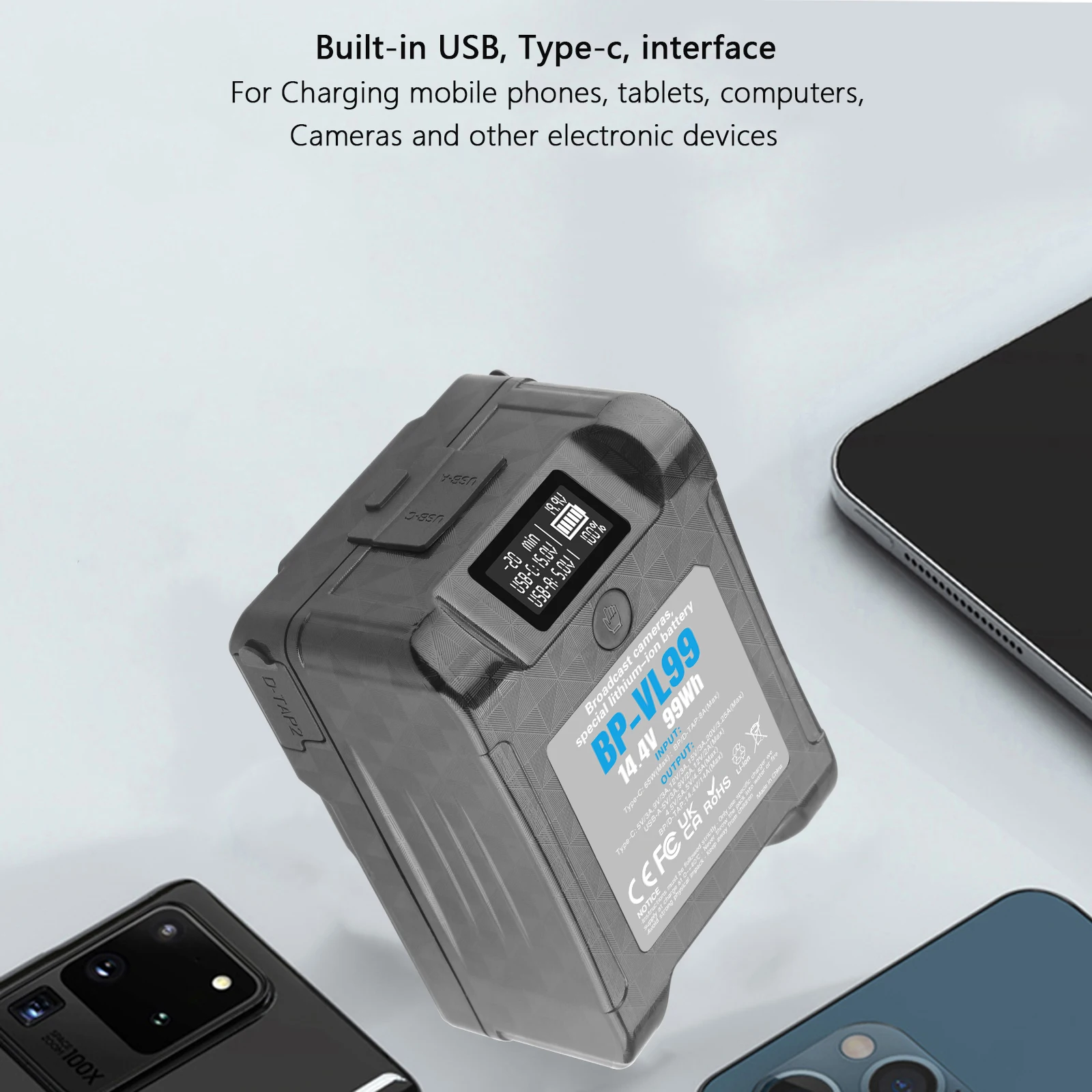 Artman V Mount Battery 72Wh - 100W PD Fast Charge, 400W Output, With D-Tap & USB-C For Cameras & Lights