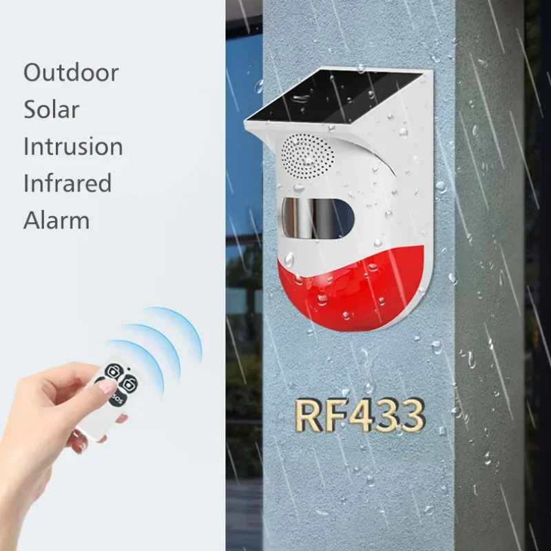Wireless Solar Alarm RF433 Remote Control RF Radio Frequency Sound and Light Siren Infrared Anti-theft Waterproof Outdoor USB