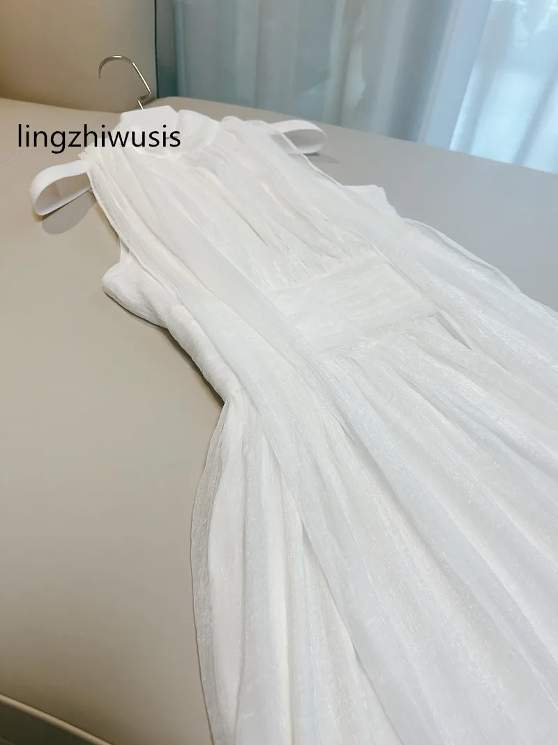 

lingzhiwusis White Long Dress Halter Neck Dresses Female Designer Elegant Fairy Top Quality Sea Shore Holiday New Arrive