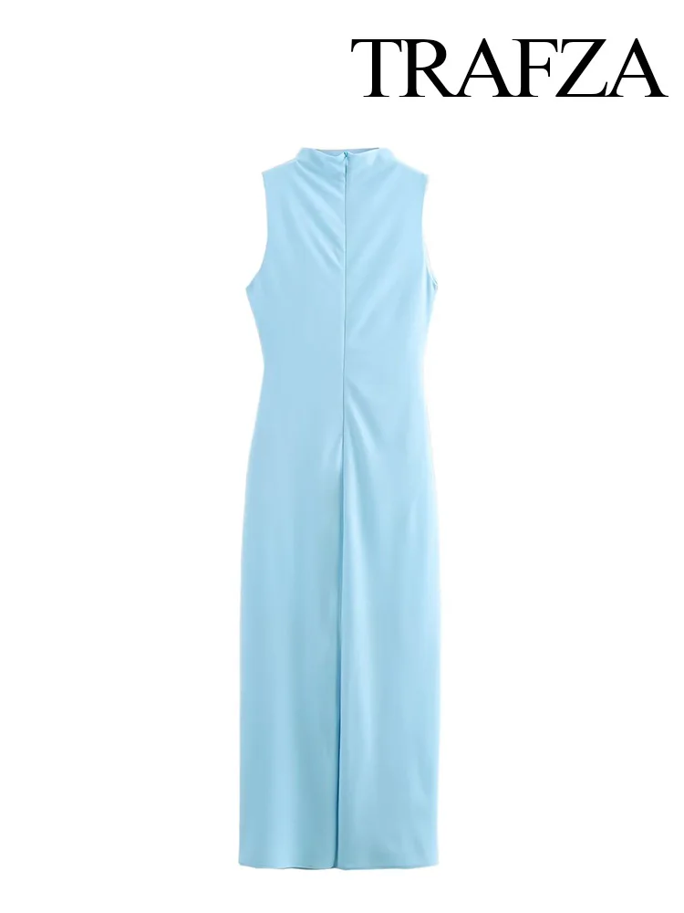 TRAFZA 2025 Spring Women Fashion Midi Dresses Split Hem O-Neck Sleeveless Fold Decorated Dress Solid Back Zipper Retro Dresses 3